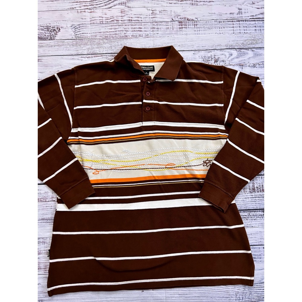 Koman Jeans Men's Brown Long Sleeve‎ Striped Polo Shirt Retro Size M